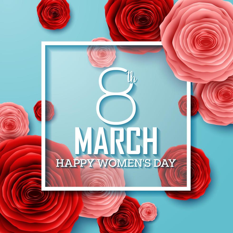 Happy International Women's Day with paper cut roses flower and square frame on blue background vector