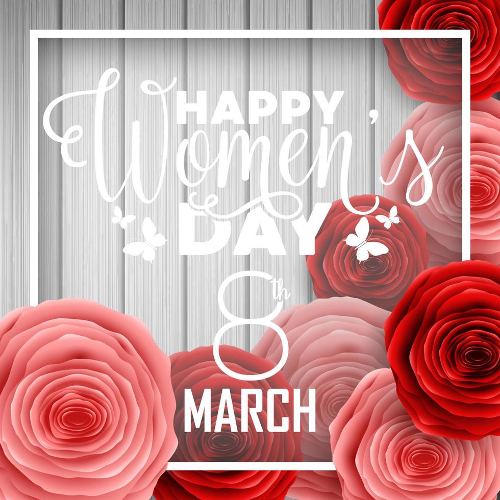 International Happy Women's Day with paper cutting butterflies, roses flowers and black round sign on wooden background vector