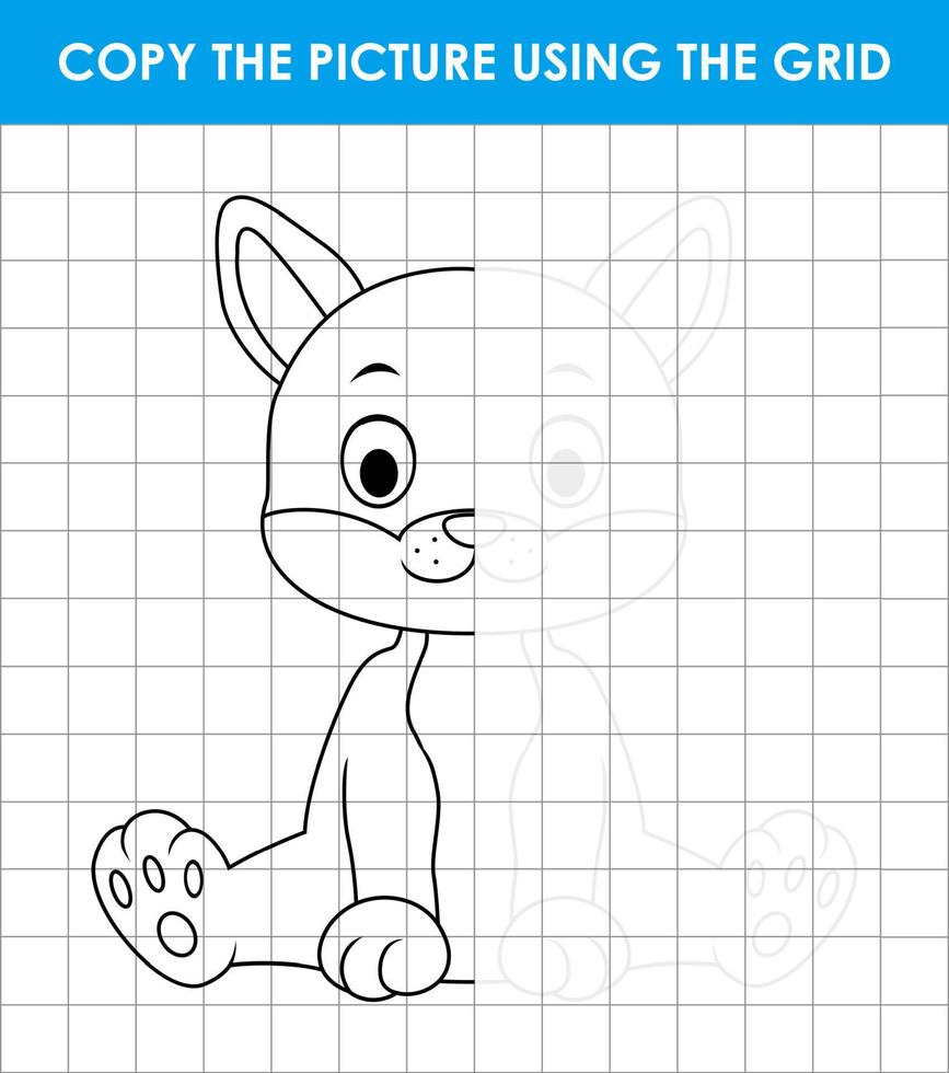 Cute cat sitting. Copy the picture using grid lines.  Educational game for children vector