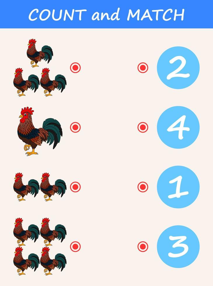 Count and match animal rooster. Math educational game for children vector