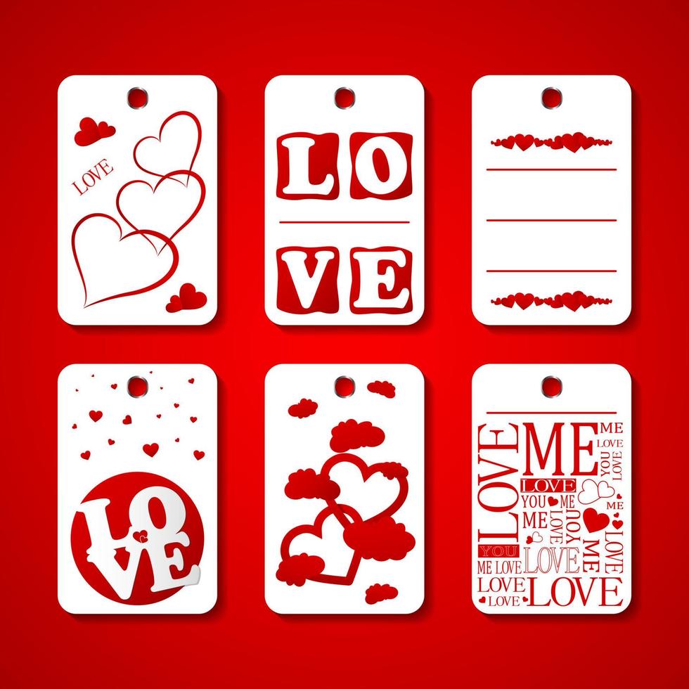 Collection of Happy Valentines day gift tags. Set of hand drawn holiday label in white and red. Romantic badge design vector