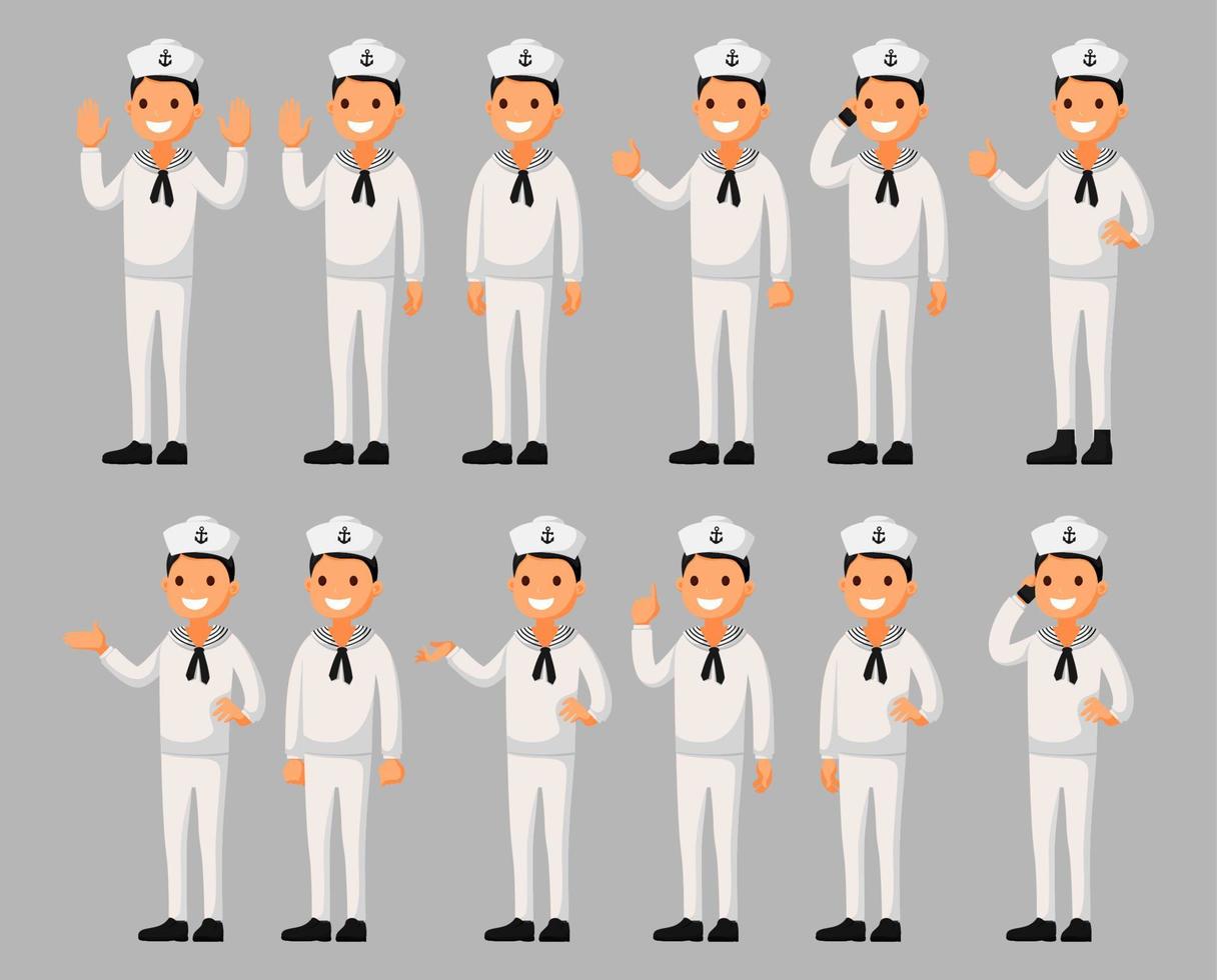 Set of a sailor man cartoon character in different poses. Vector illustration in a flat style