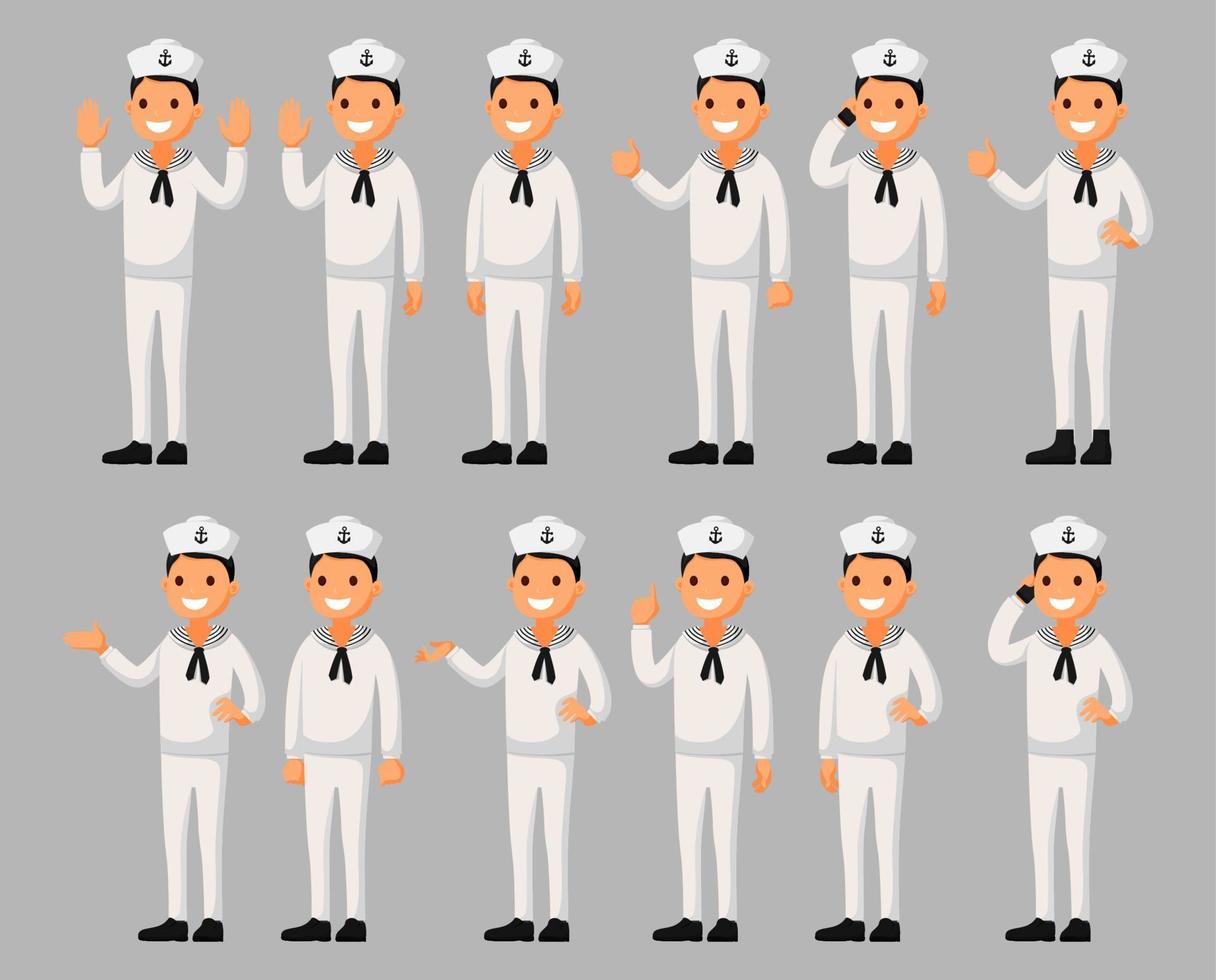 Set of a sailor man cartoon character in different poses. Vector illustration in a flat style