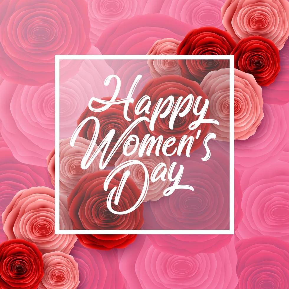 International Happy Women's Day greeting card with roses flowers and square frame on pink background vector