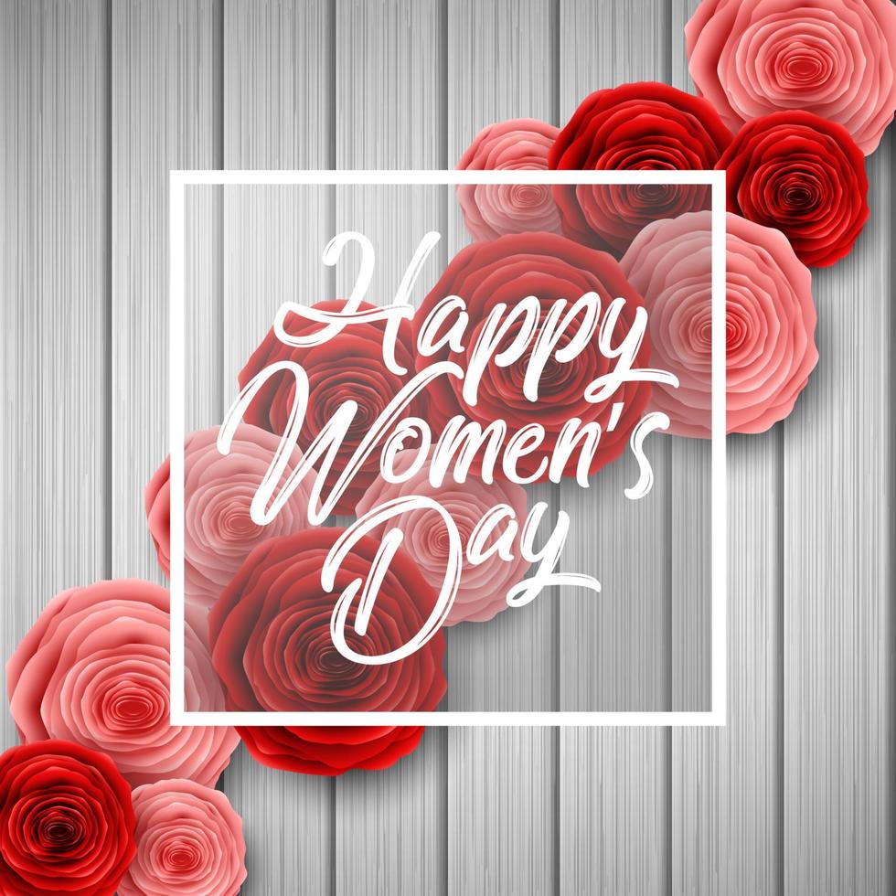International Happy Women's Day greeting card with roses flowers and square frame on wood background vector
