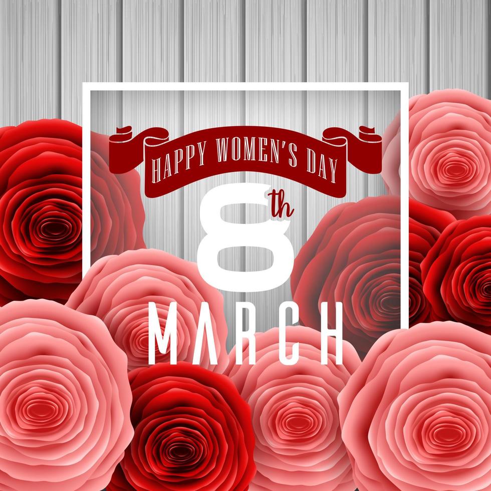 International Happy Women's Day with paper cutting butterflies, roses flowers and black round sign on wooden background vector