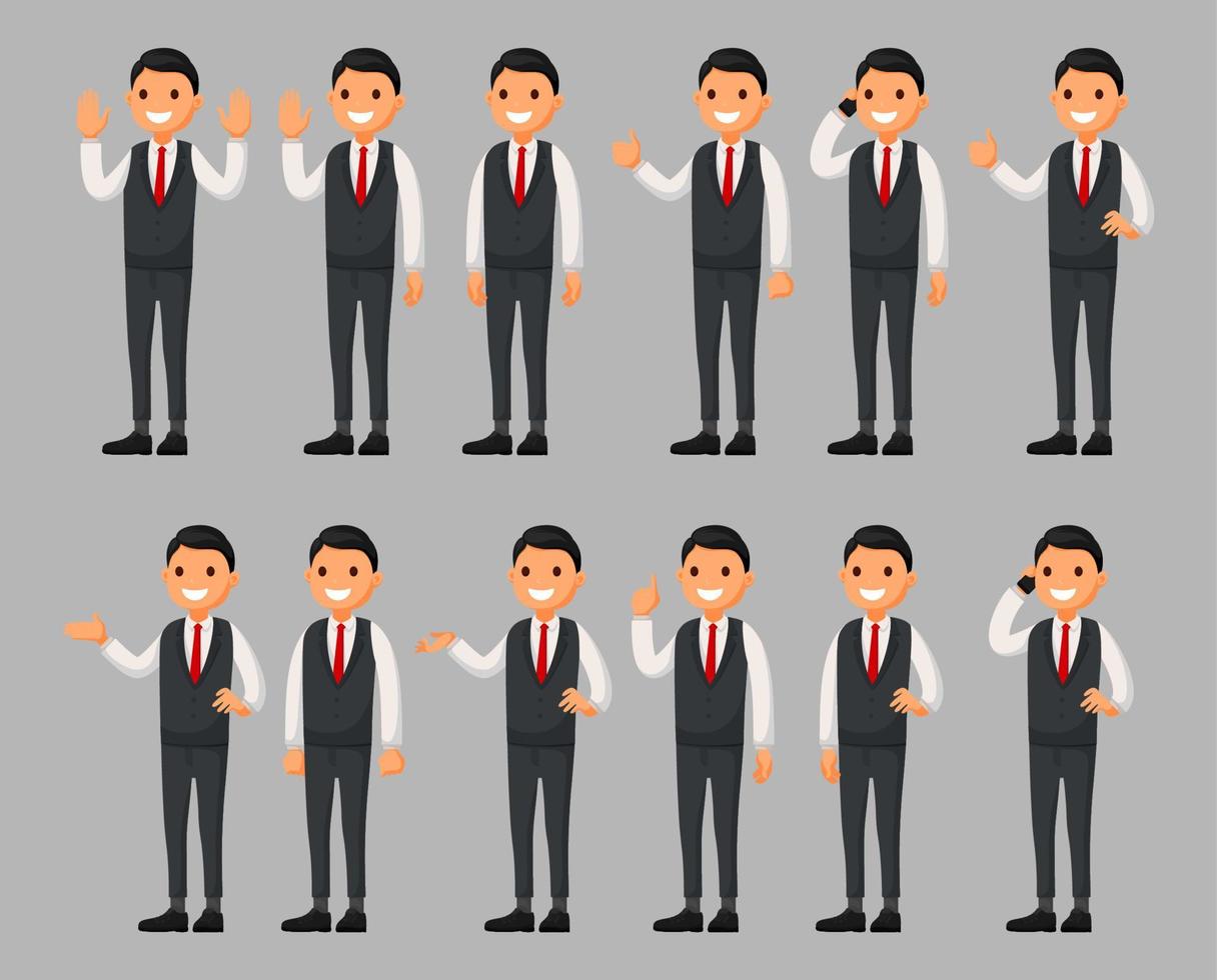 Set of a businessman cartoon character in different poses. Vector illustration in a flat style