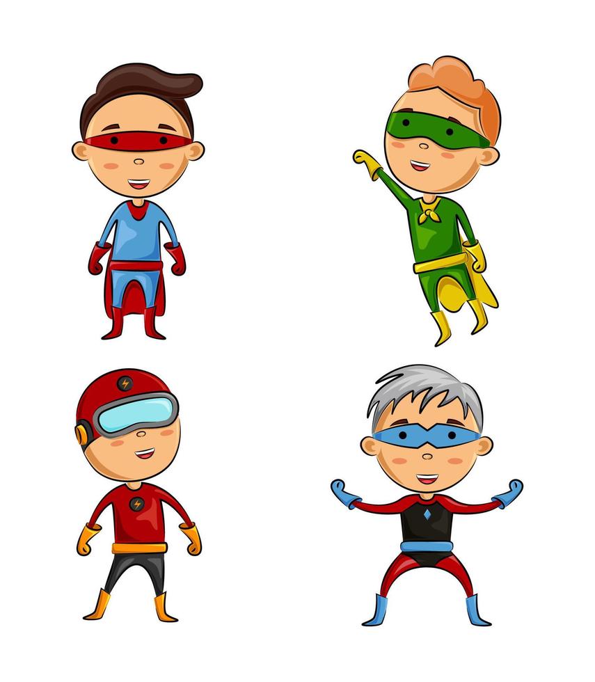 lindos cuatro niños vestidos con disfraces de superhéroes con diferentes poses vector