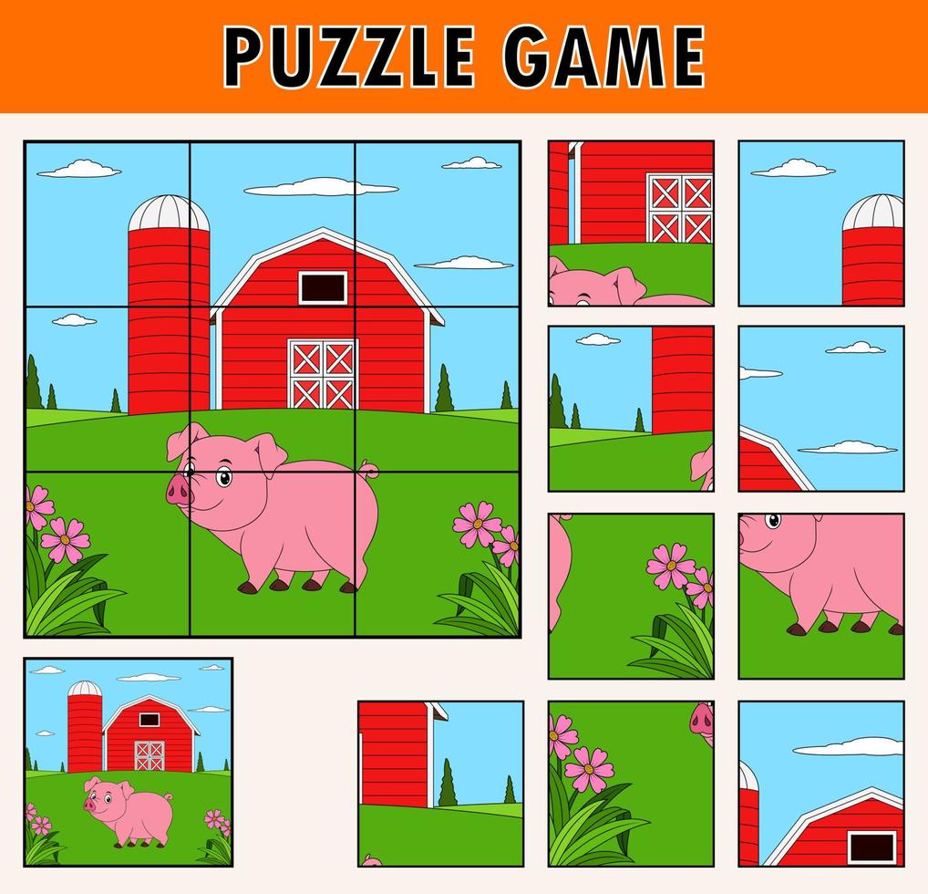 Cartoon illustration of educational jigsaw puzzle for children with cute pig farm animal vector