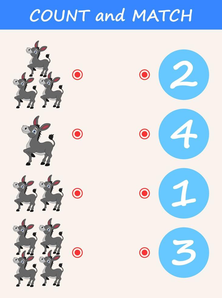Count and match donkey cartoon. Math educational game for children vector