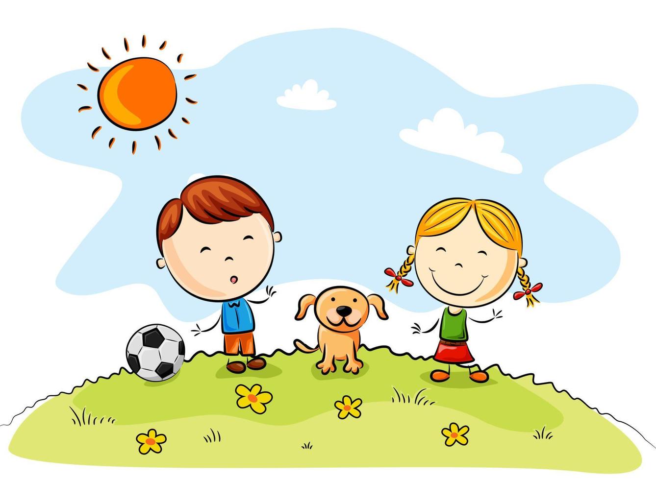 Children playing soccer with a dog in the park vector