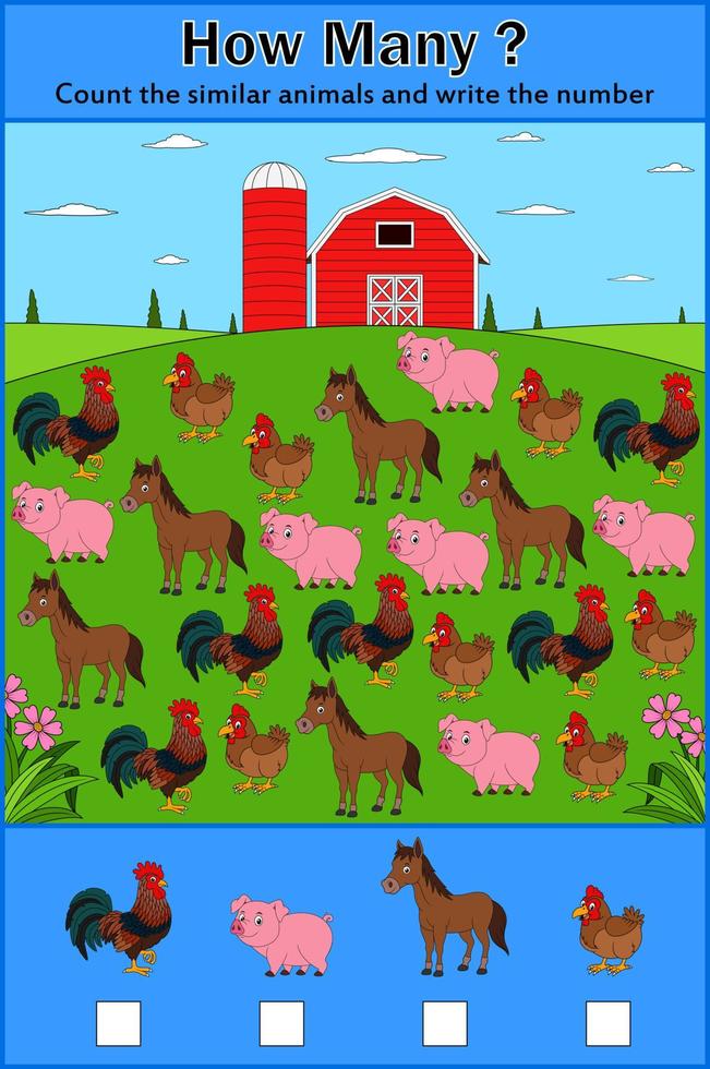 Education counting game of farm animals for preschool children vector