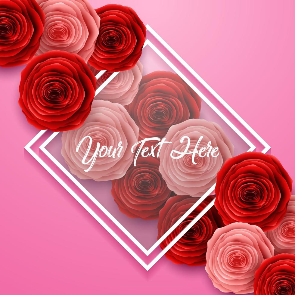 feliz día internacional de la mujer con flores de rosas, mariposas, corazones y marco cuadrado sobre fondo rosa vector