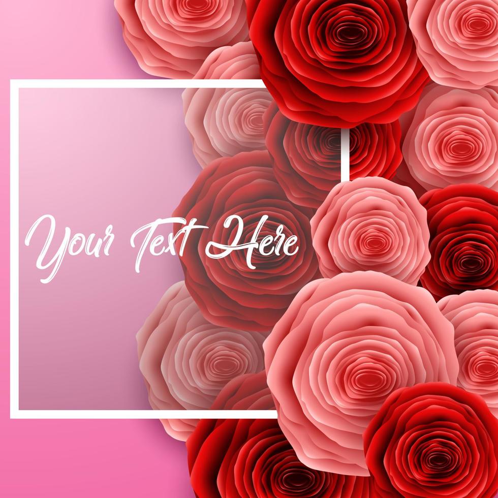 feliz día internacional de la mujer con flores de rosas, mariposas, corazones y marco cuadrado sobre fondo rosa vector