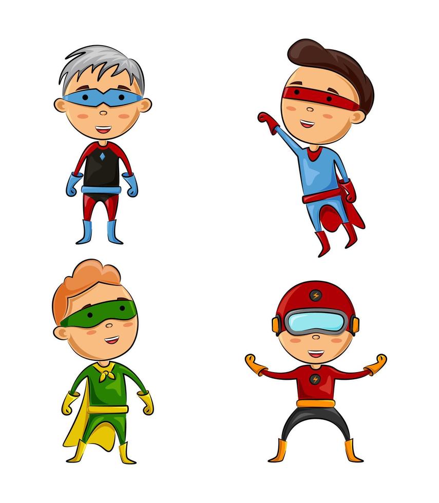 lindos cuatro niños vestidos con disfraces de superhéroes con diferentes poses vector