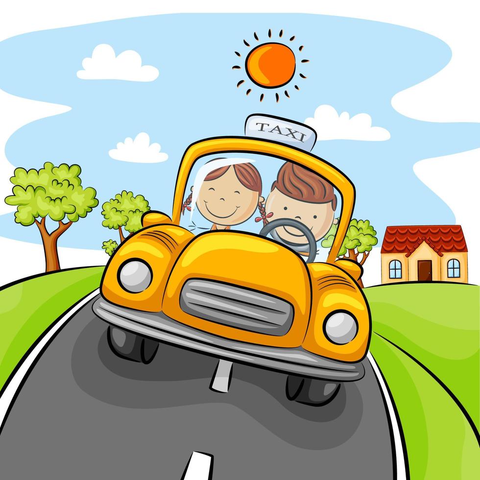 Children driving yellow car on the street vector