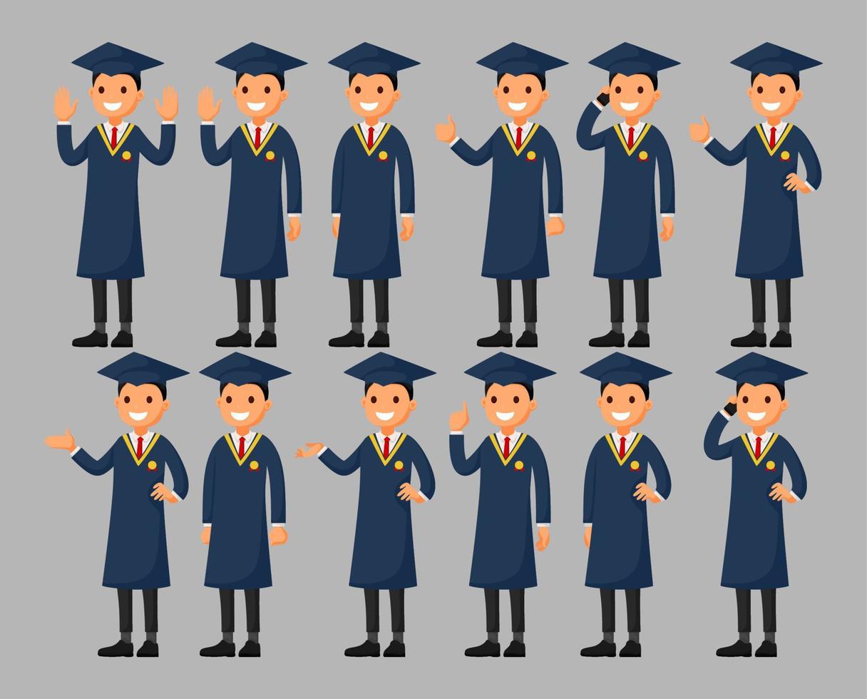 conjunto de un personaje de dibujos animados de graduación en diferentes poses. ilustración vectorial en un estilo plano vector