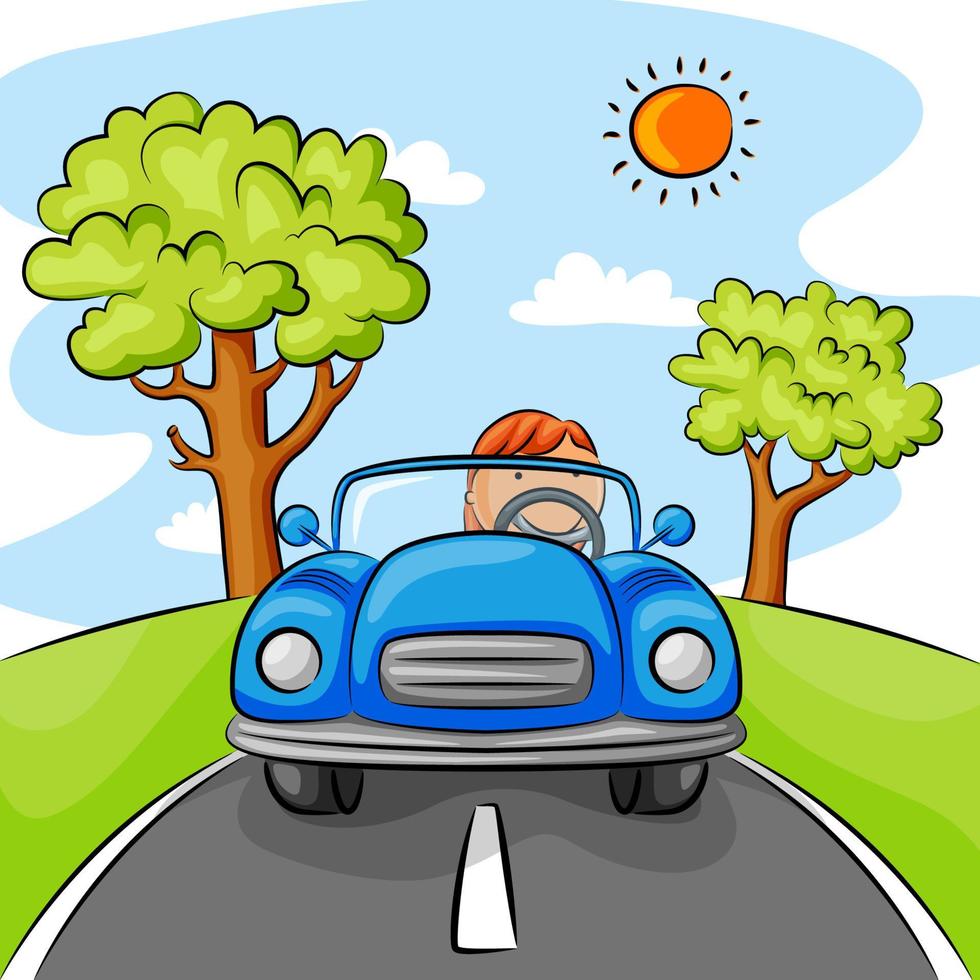 Little girl driving blue car on the street vector