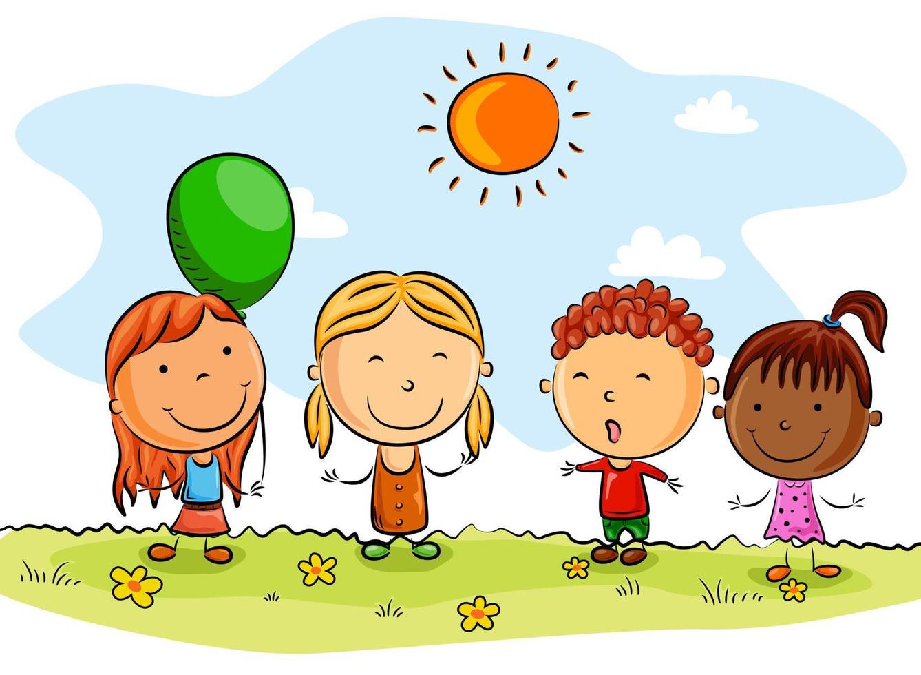 Happy kids cartoon with balloons on a summer day vector