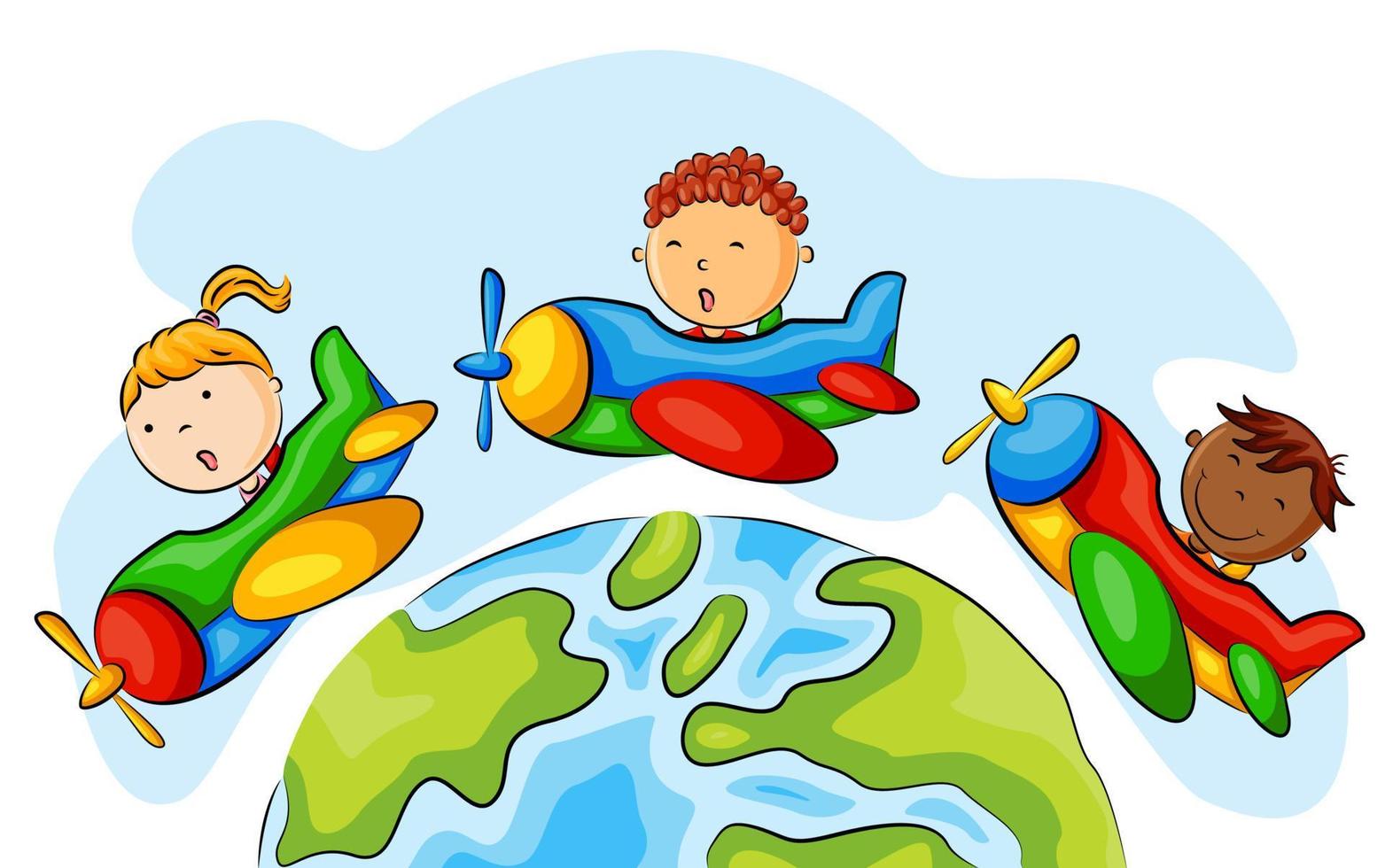 Group of children riding airplane around the world vector