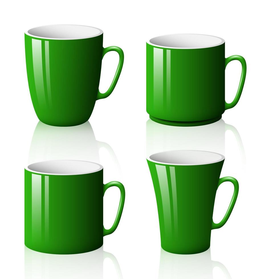 conjunto de tazas verdes aisladas sobre fondo blanco vector