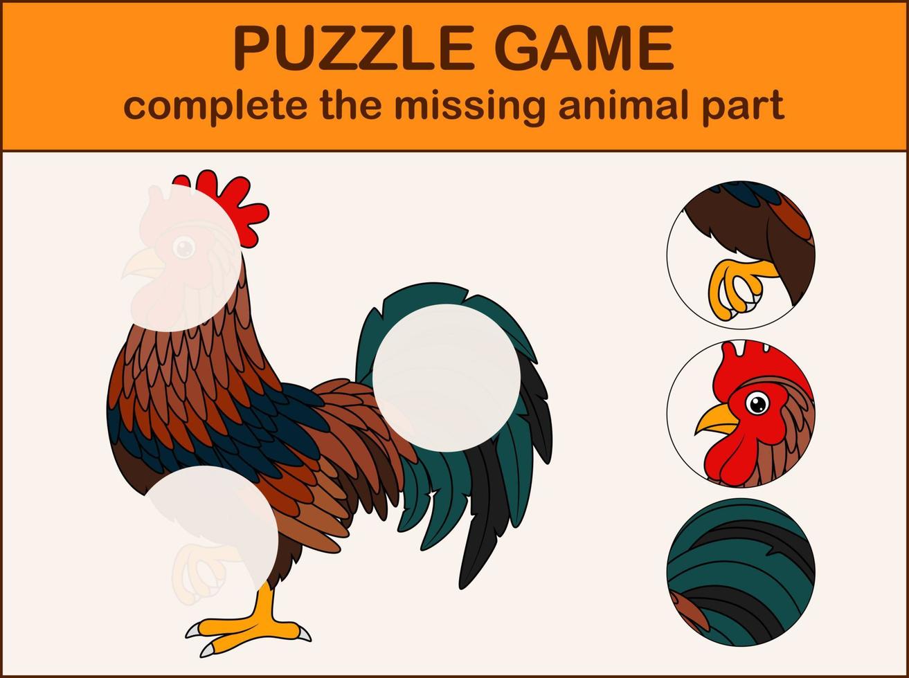 Cute rooster cartoon. Complete the puzzle and find the missing parts of the picture vector