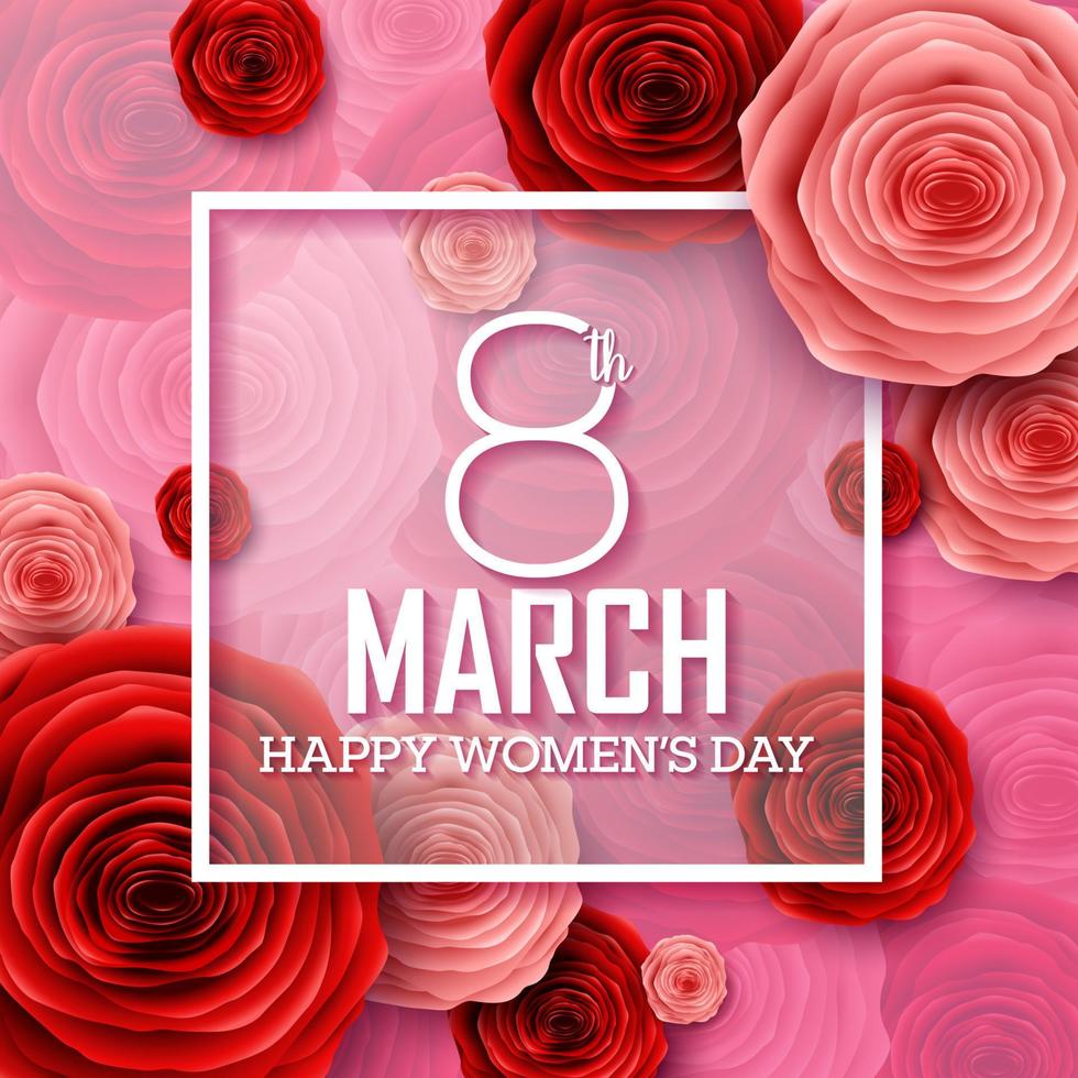 Happy International Women's Day with paper cut roses flower and square frame on pink background vector