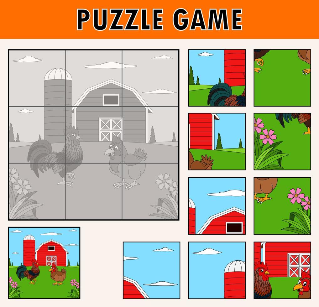 Jigsaw puzzle game with rooster and hen vector
