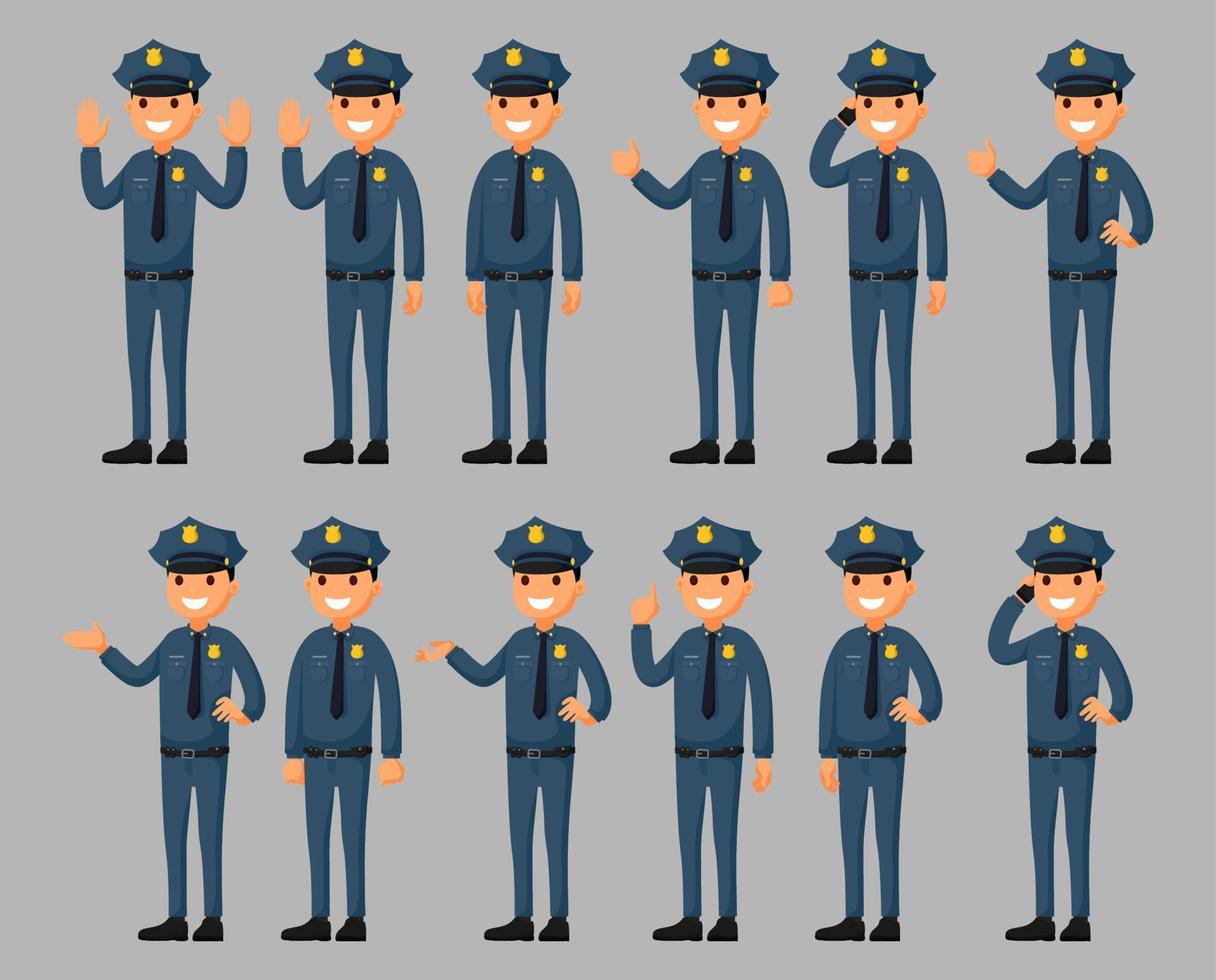 conjunto de un personaje de dibujos animados de policía en diferentes poses. ilustración vectorial en un estilo plano vector