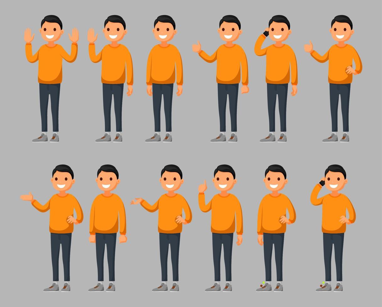 Set of a young male cartoon character in different poses. Vector illustration in a flat style