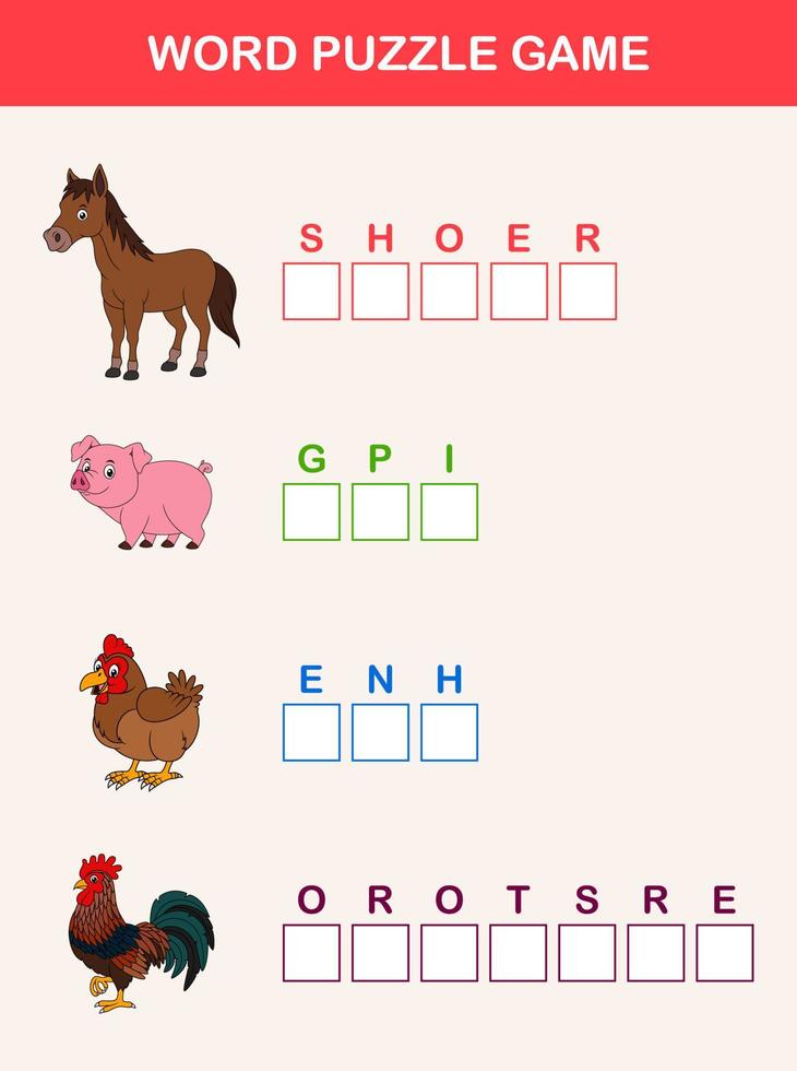 Complete the words children educational game. Learning farm animals theme and vocabulary vector
