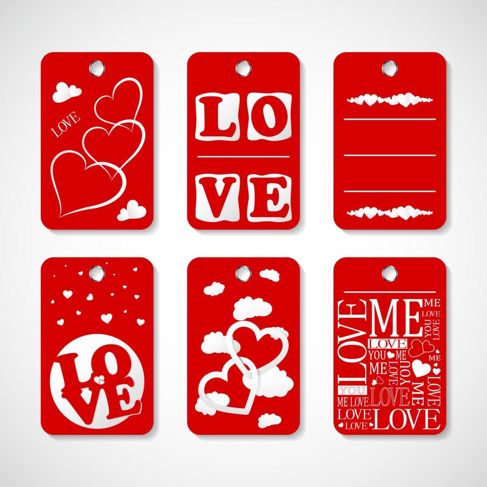 colección de etiquetas de regalo de feliz día de san valentín. conjunto de etiquetas navideñas dibujadas a mano en blanco y rojo. diseño de placa romántica vector