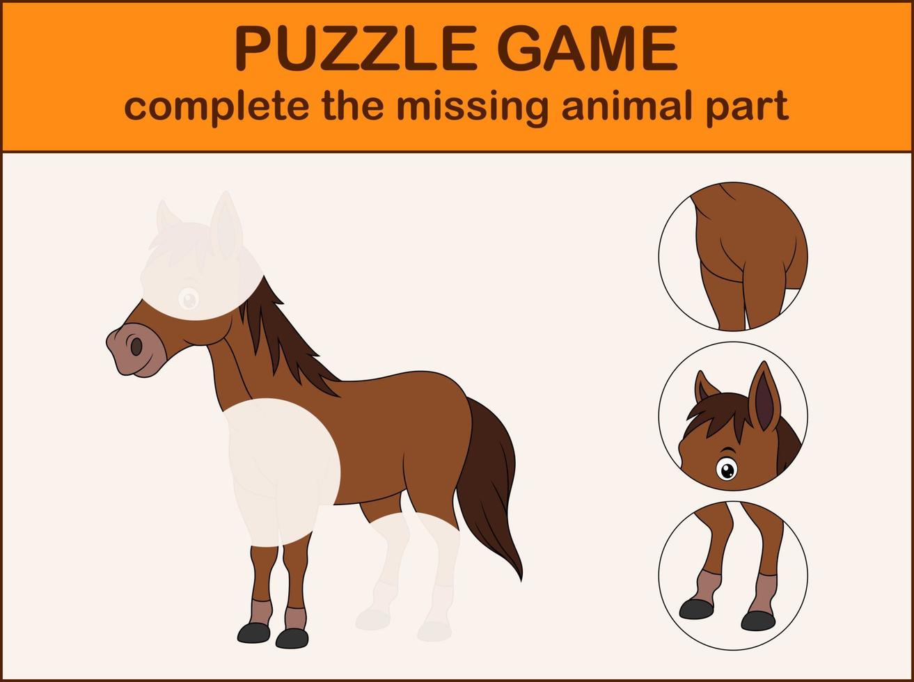 Cute horse cartoon. Complete the puzzle and find the missing parts of the picture vector