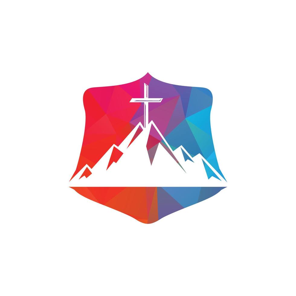 Baptist cross in mountain logo design. Cross on top of the mountain. Church and Christian organization logo. vector