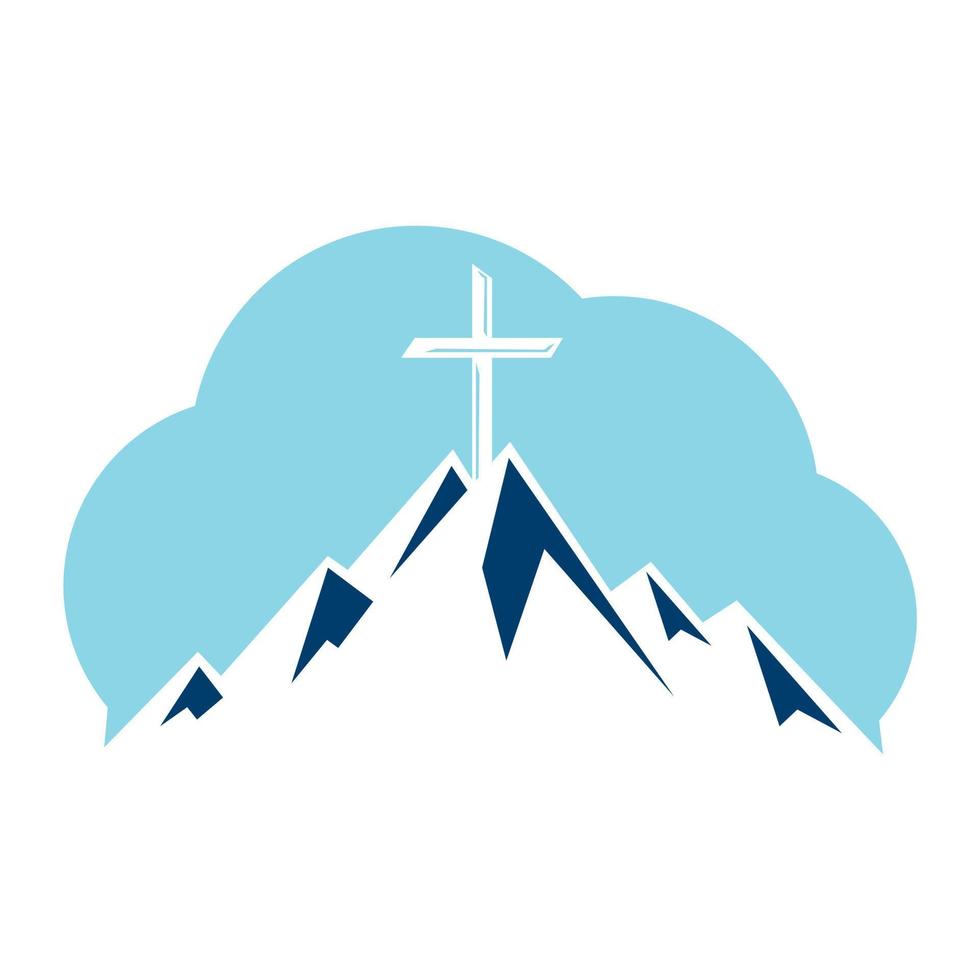 cruz bautista en diseño de logo de montaña. cruz en la cima de la montaña y el logo en forma de nube. logotipo de la iglesia y la organización cristiana. vector