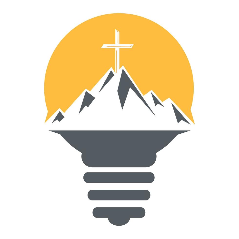 Baptist cross in mountain logo design. Cross on top of the mountain and light bulb shape logo. Church and Christian organization logo. vector