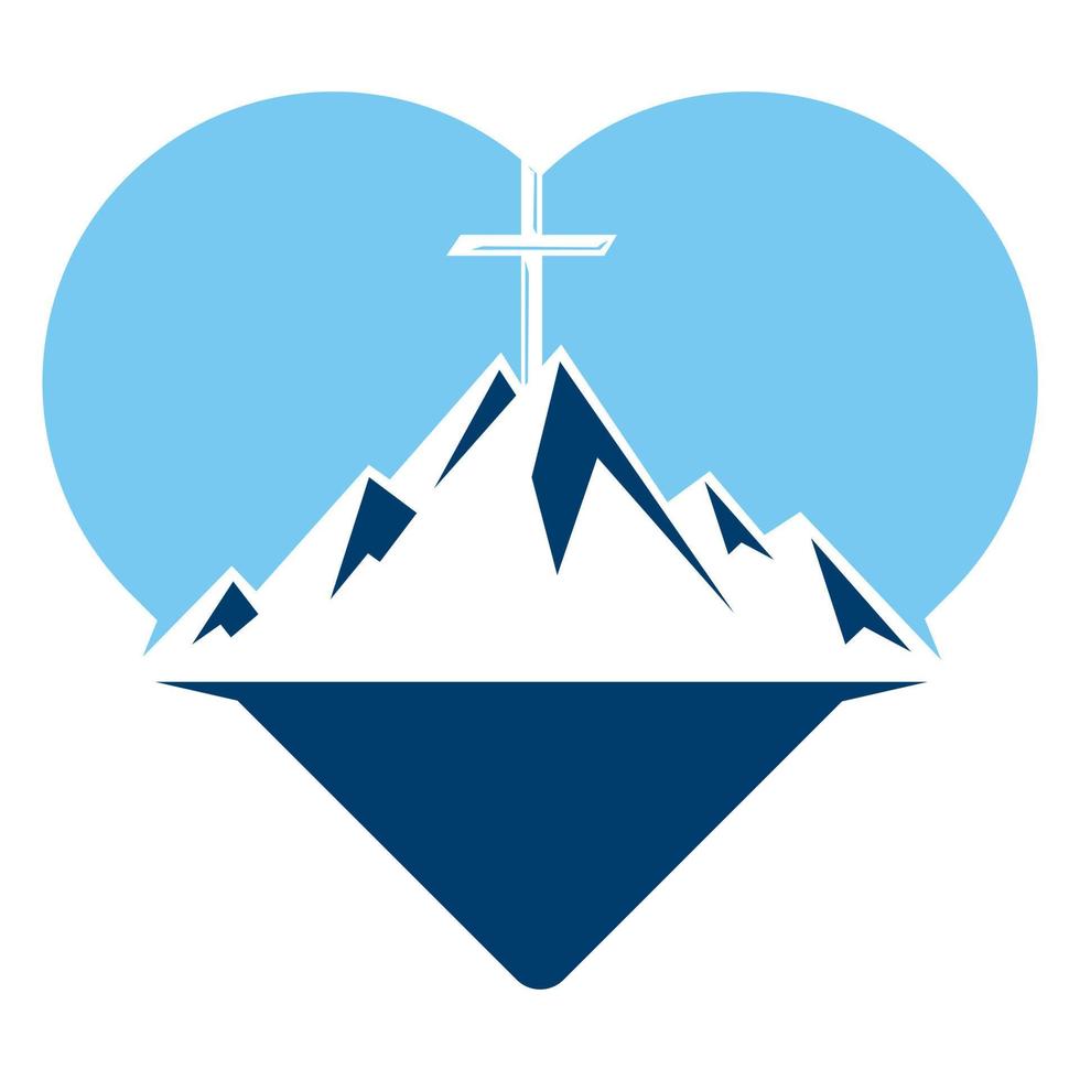 Baptist cross in mountain logo design. Cross on top of the mountain and heart shape logo. Church and Christian organization logo. God Christian Love conceptual logo design vector