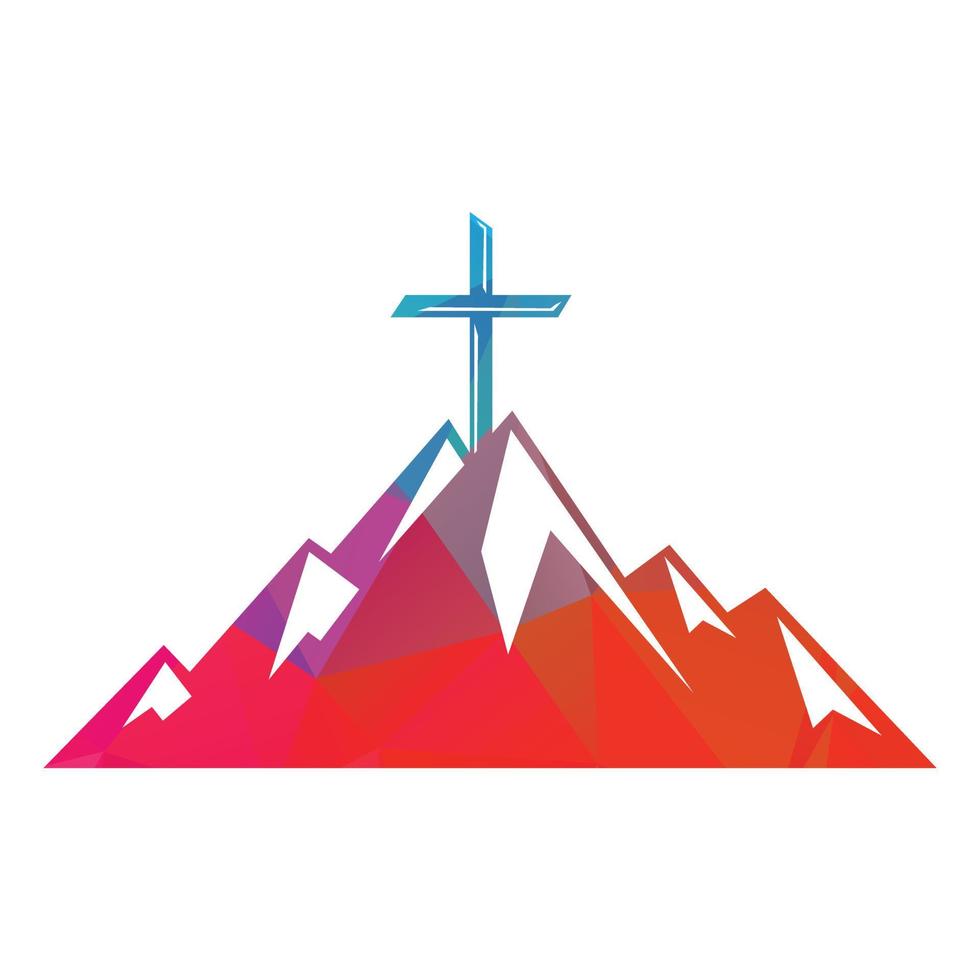 cruz bautista en diseño de logo de montaña. cruzar en la cima de la montaña. logotipo de la iglesia y la organización cristiana. vector