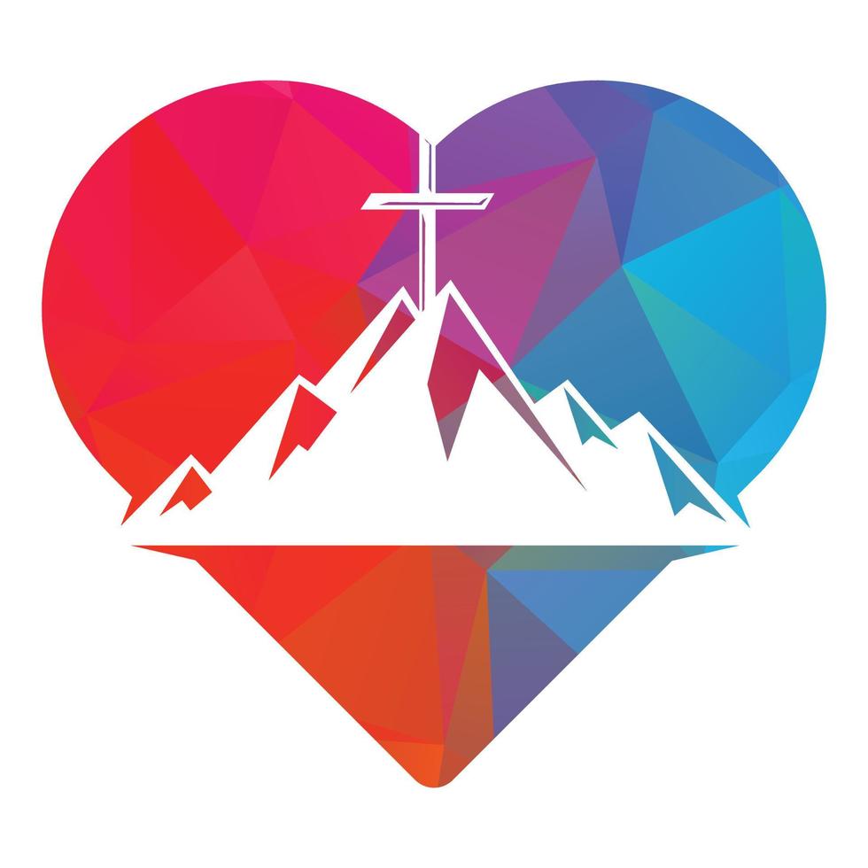 cruz bautista en diseño de logo de montaña. cruz en la cima de la montaña y logo en forma de corazón. logotipo de la iglesia y la organización cristiana. diseño de logotipo conceptual de amor cristiano de dios vector