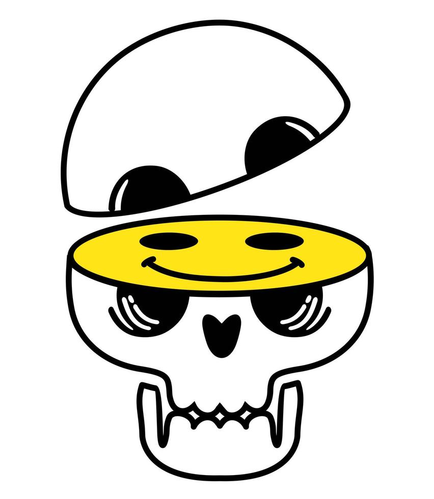 Smiling skull skeleton smiley face. Half skull emoticons, emojis. Retro distorted melting smiley emoji face vector