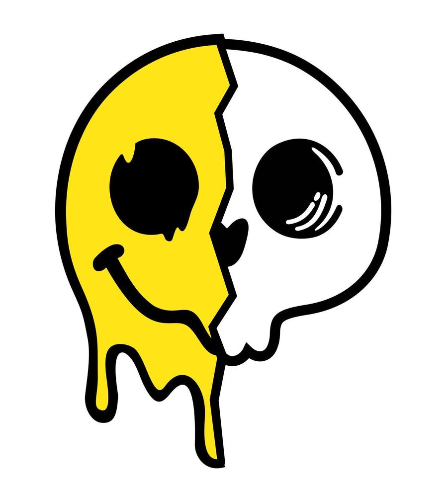 cara sonriente del esqueleto del cráneo sonriente. emoticonos de medio cráneo, emojis. cara de emoji sonriente de fusión distorsionada retro vector