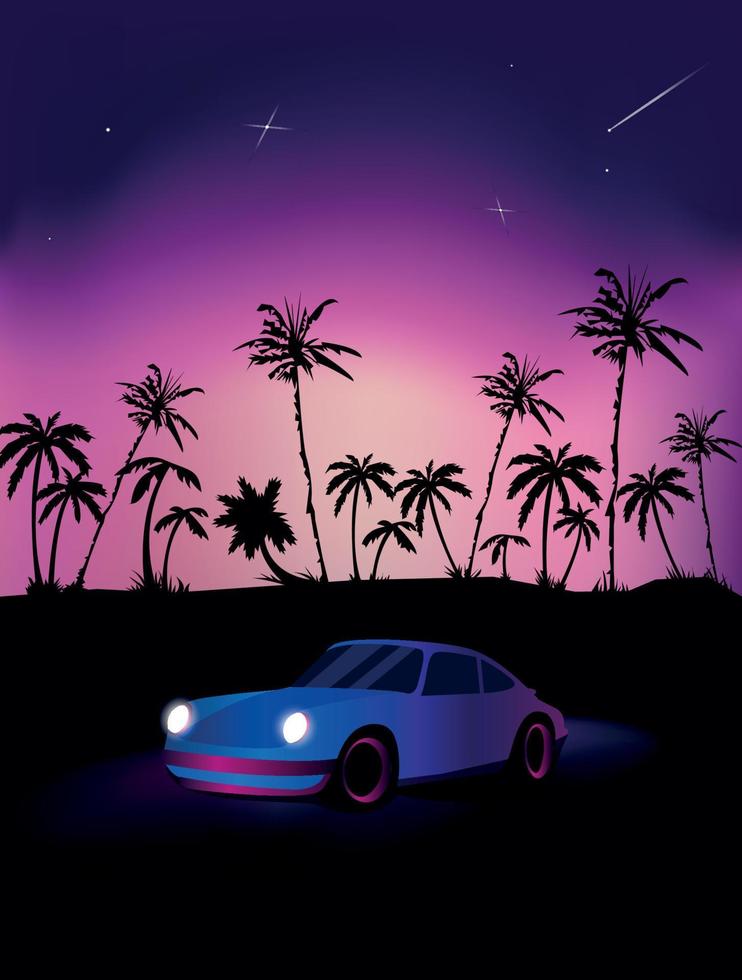 vista a la playa con palmeras y coches ilustración de paisaje de fantasía vector