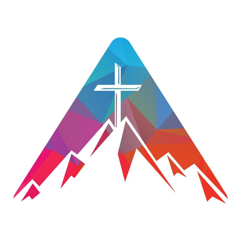 Baptist cross in mountain logo design. Cross on top of the mountain. Church and Christian organization logo. vector