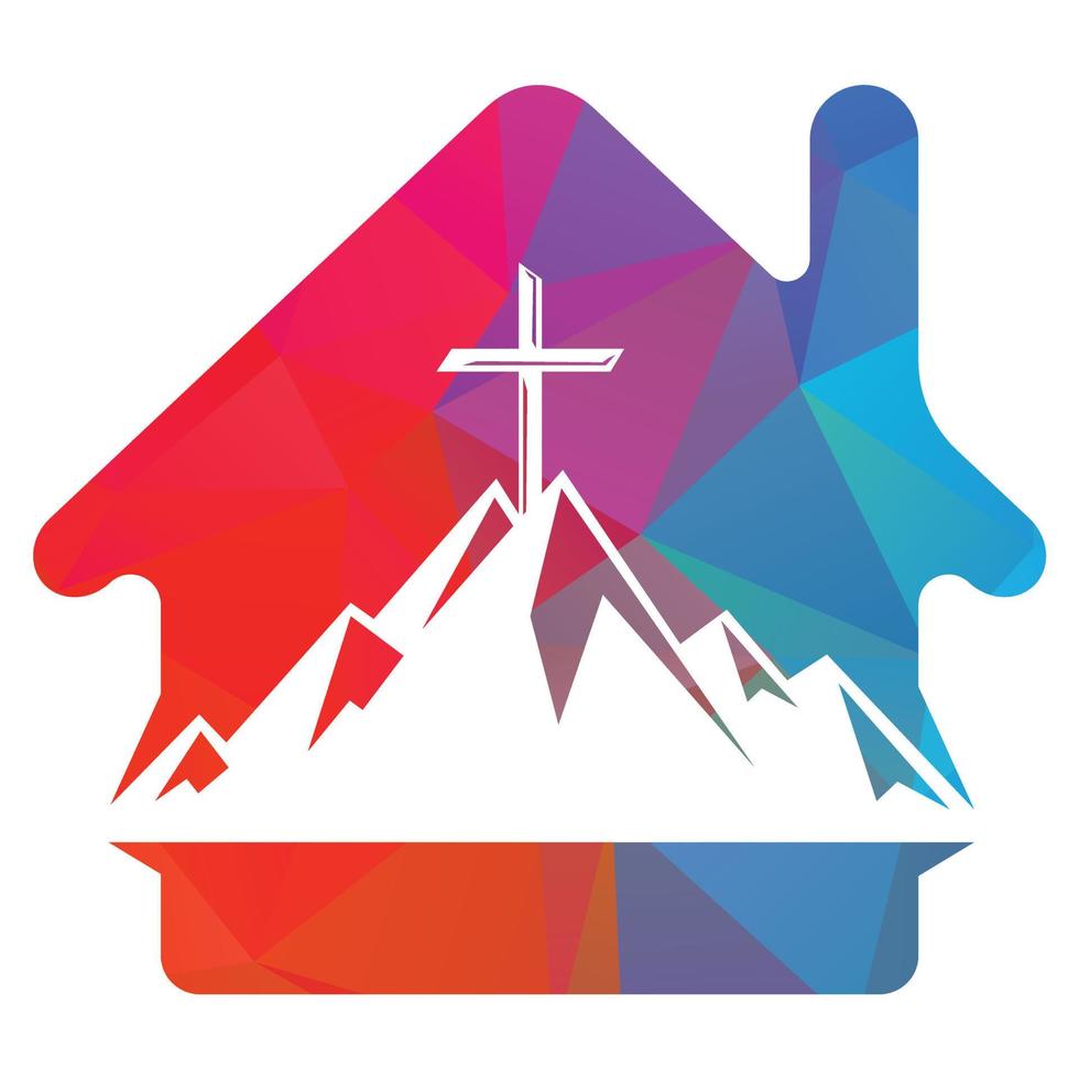 Baptist cross in mountain logo design. Cross on top of the mountain and home shape logo. Church and Christian organization logo. vector