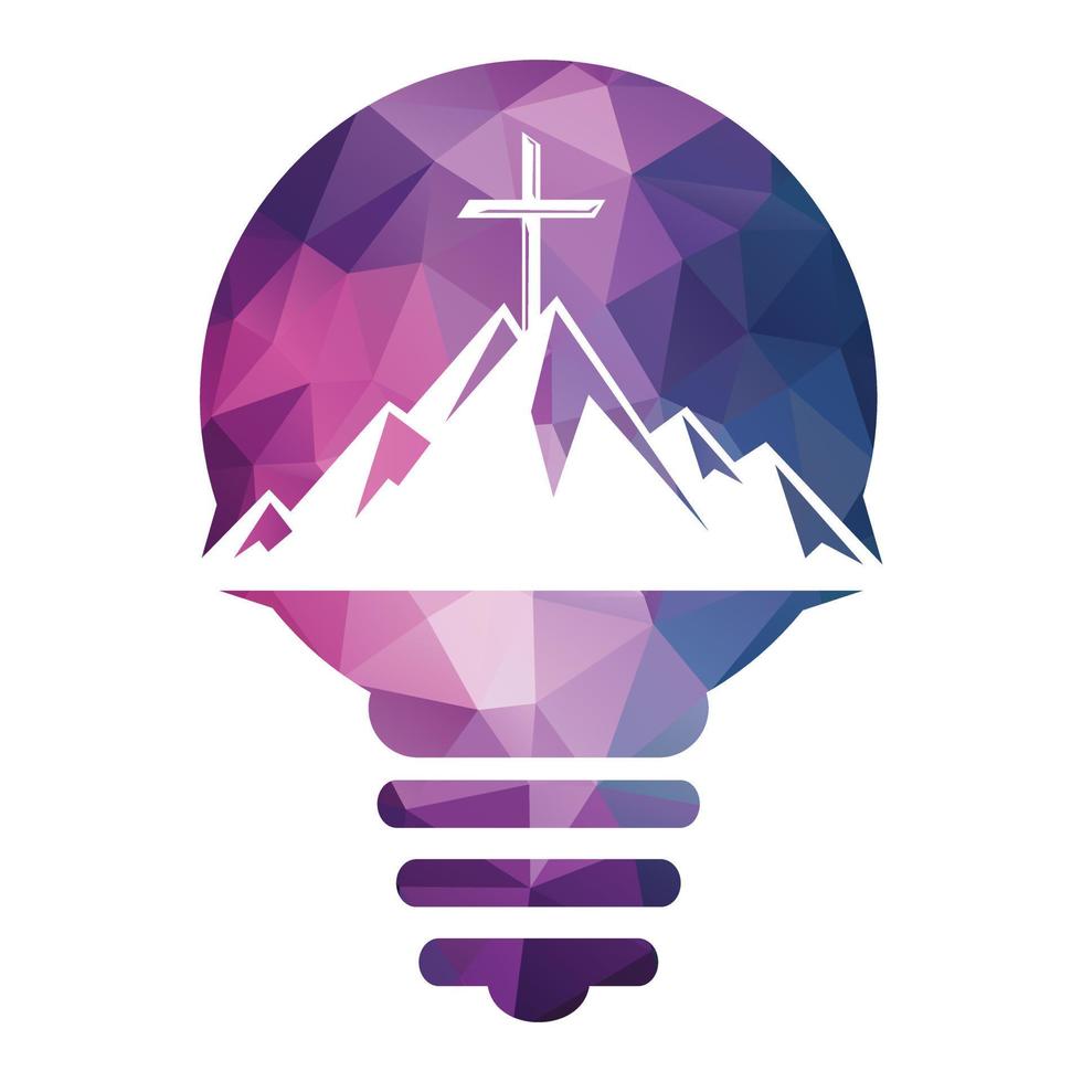 Baptist cross in mountain logo design. Cross on top of the mountain and light bulb shape logo. Church and Christian organization logo. vector