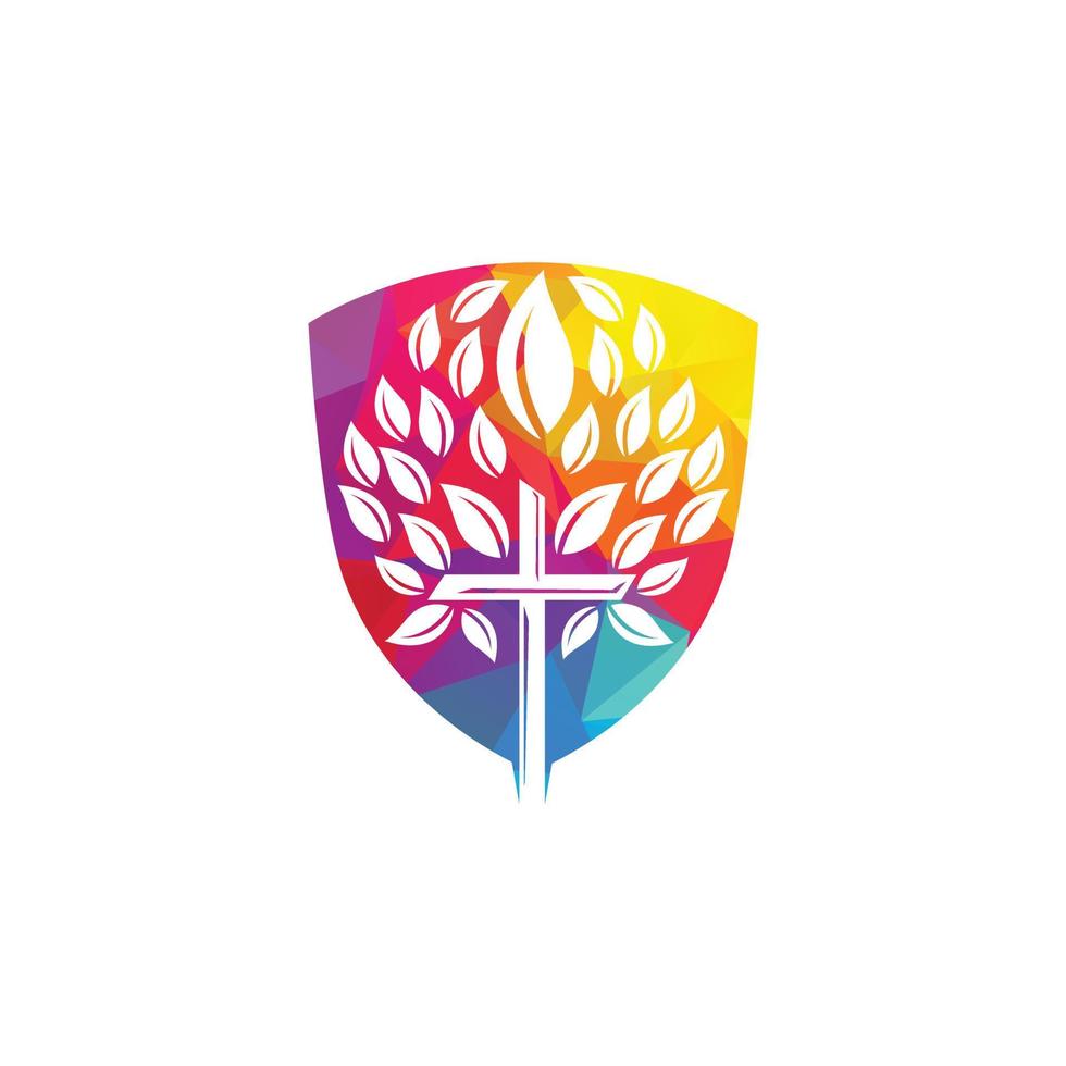 Tree religious cross symbol icon vector design. Prayer tree vector logo design template.