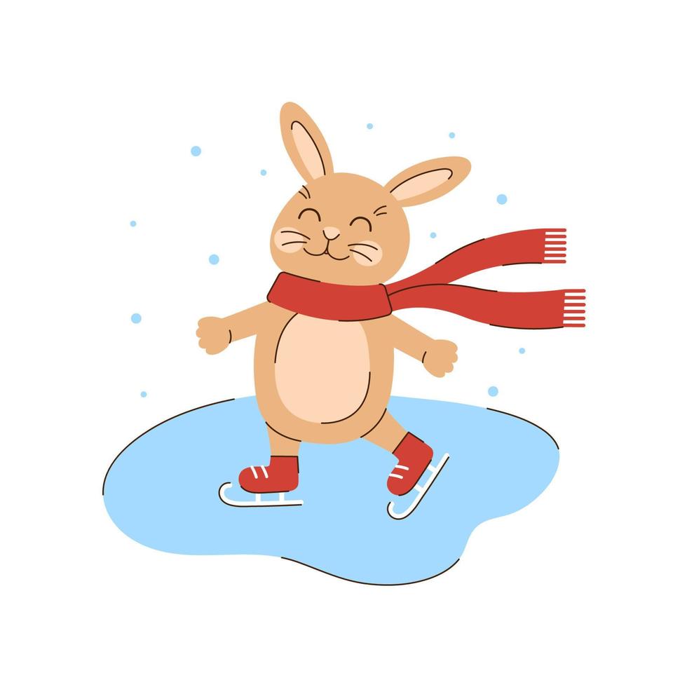 Rabbit skating in a scarf. Winter character in skates on ice. Cute beige bunny. Seasonal vector illustration in flat style