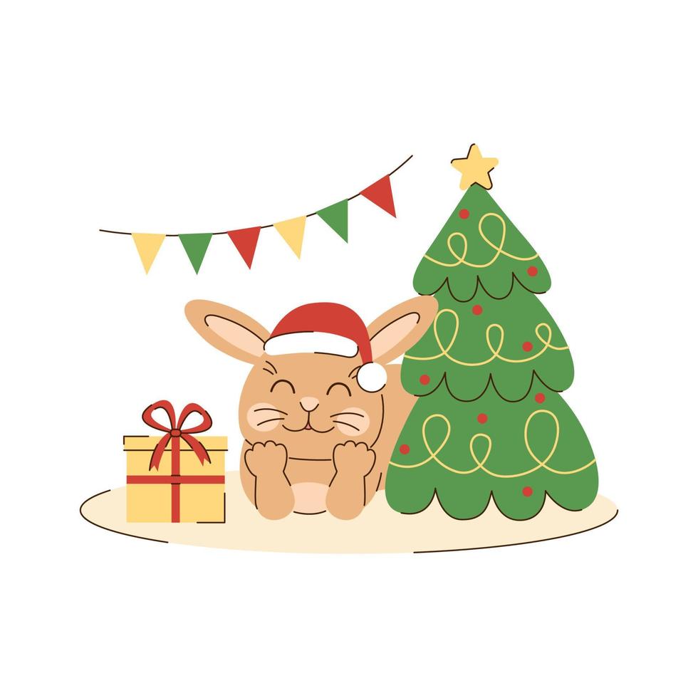 Rabbit lies under a christmas tree with gifts and decorations. Winter character in a new year hat. Cute beige bunny. Christmas, New Year greeting card. Seasonal vector illustration in flat style