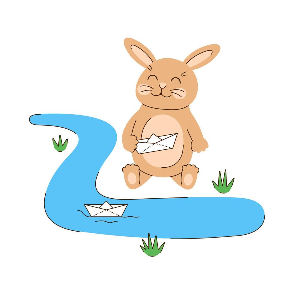 Rabbit sends a paper boat down the stream. Spring character sitting on the ground and holding a paper boat in its paw. Cute beige bunny. Seasonal vector illustration in flat style