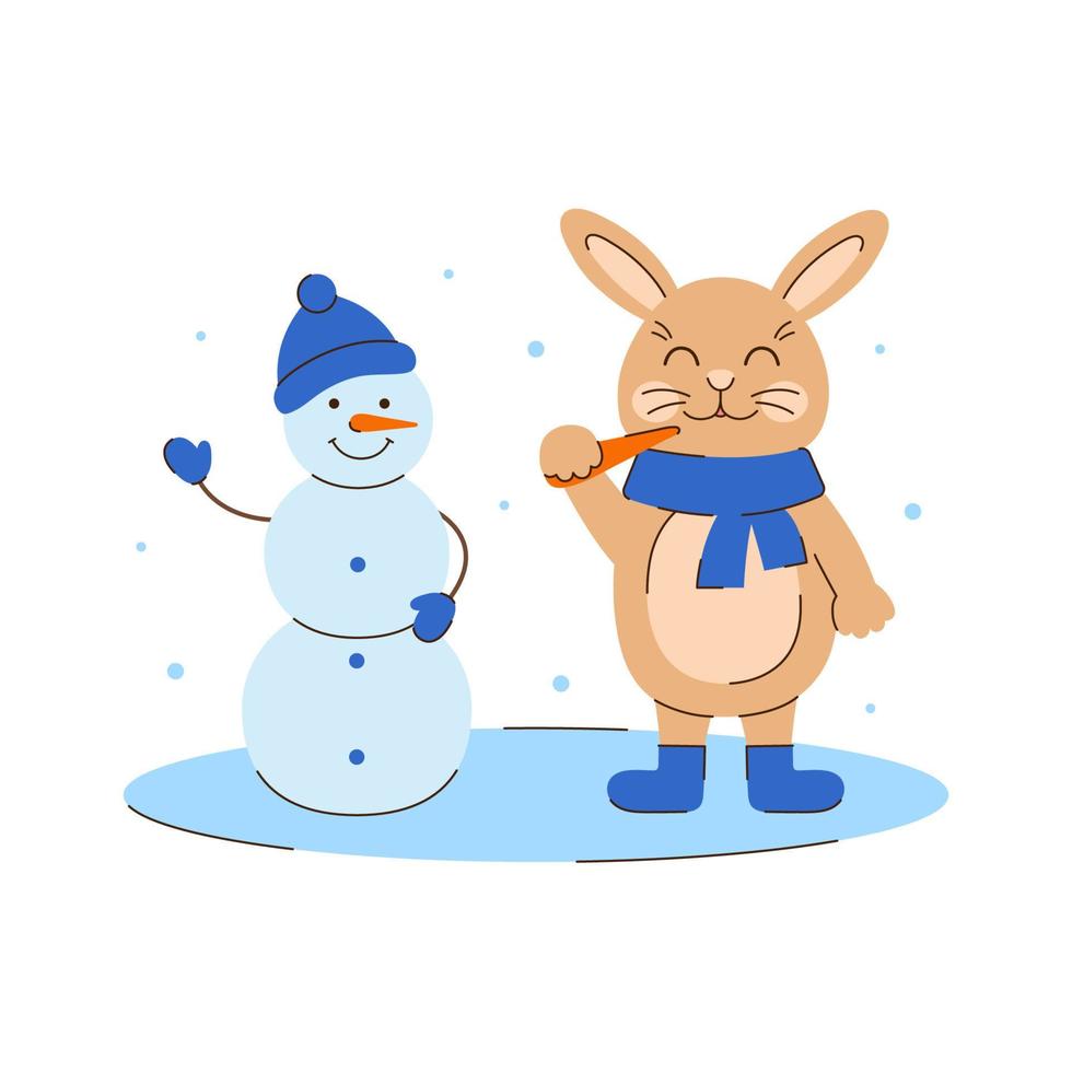 Rabbit and snowman. Winter characters. Cute beige bunny in a scarf and felt boots with a carrot. Seasonal vector illustration in flat style